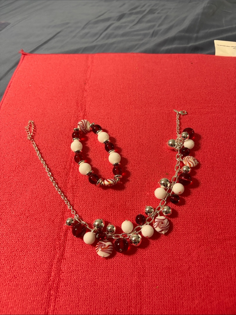 Red and White Beaded Necklace and Bracelet Set nice for Christmas or Valentines